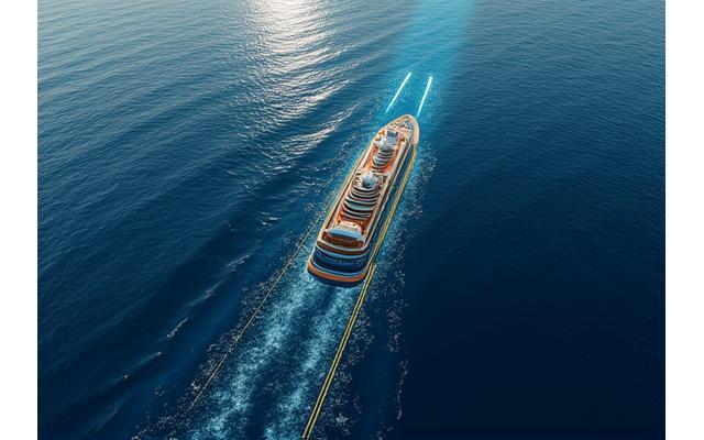 Ship navigating an optimized route on a digital map with weather overlays