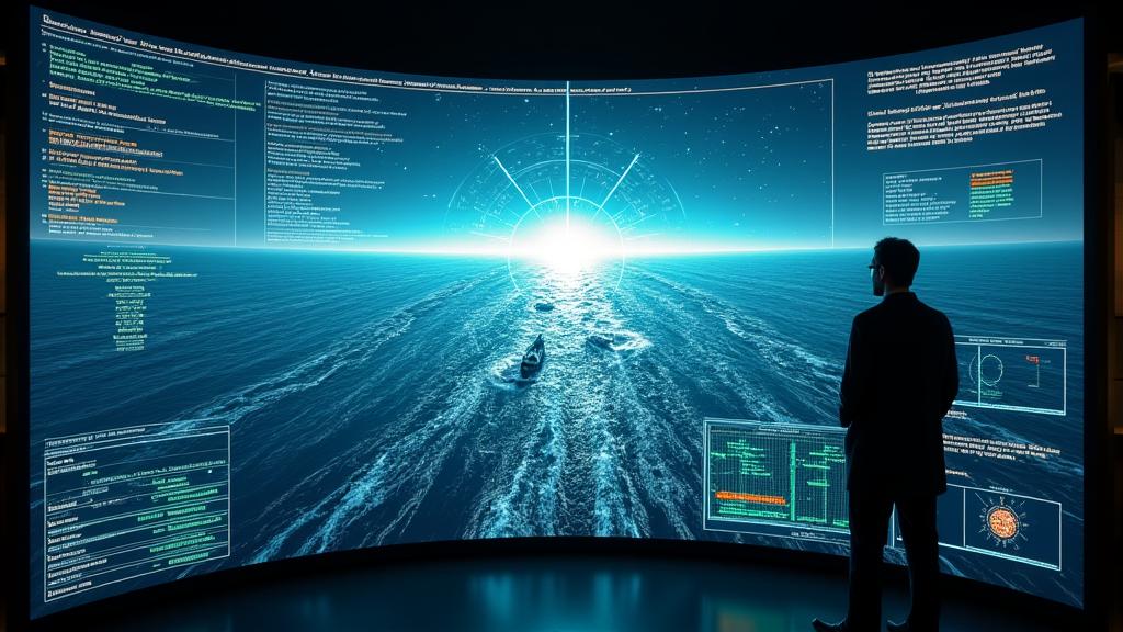 Advanced radar screen displaying meteorological data over the ocean